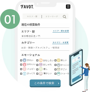 流れ01：イラストのスマホ内にランキング検索画面のイメージ画像が表示されている画像