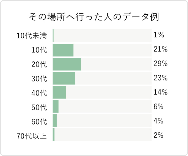 イラスト：その場所へ行った人のデータ例の画像・10代未満1%、10代21%、20代29%、30代23%、40代14%、50代6%、60代4%、70代2%等、グラフデータで分かりやすく情報がわかる表示になっている。