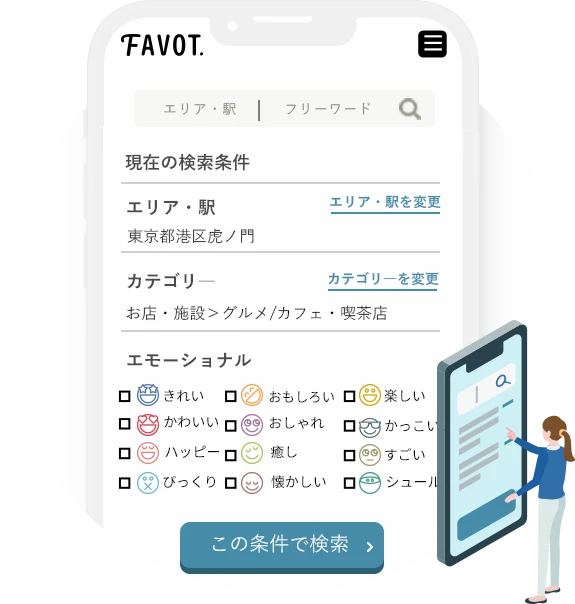 流れ01：イラストのスマホ内にランキング検索画面のイメージ画像が表示されている画像